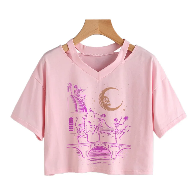 2021 New Dance skull pattern T-Shirt Summer Women's Crop Tops Short Sleeve Gothic Tees Punk Grunge Shirt Harajuku Y2k Sexy Top | Женская