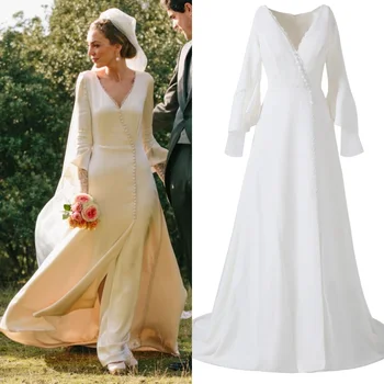 1107#A-Line Soft Satin Long Sleeve V-Neck Vintage Slit Sweep Train Simple Wedding Dress bridal gown 100% Real Sample Photo