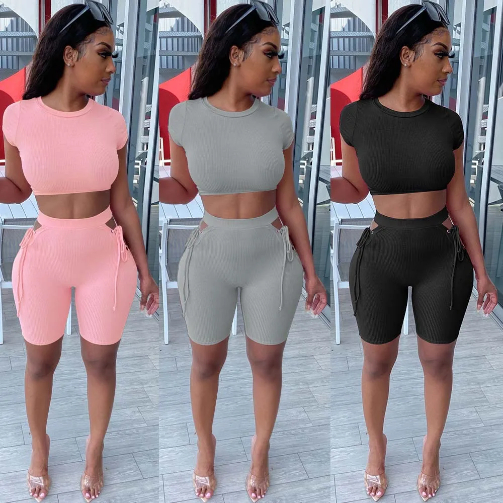 

Summer Work Out Sporty Suit Short Sleeve Ribbed Skinny Shorts Set Hollow Out Grommet Lace Up Two Piece Set Tracksuit