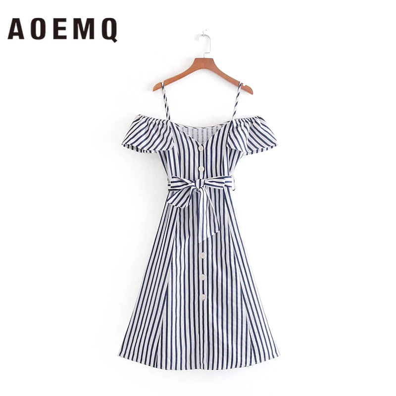 AOEMQ брендовые летние платья в полоску с оборками глубокий цвет модные открытыми