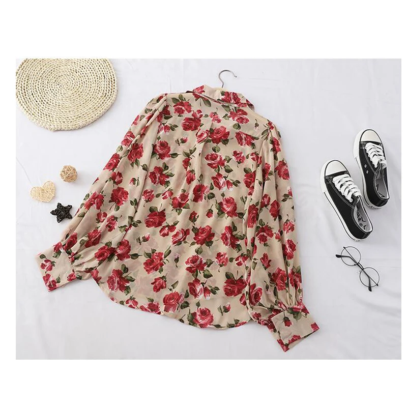 Винтажная Цветочная шифоновая блузка для женщин 2019 весна осень длинный рукав