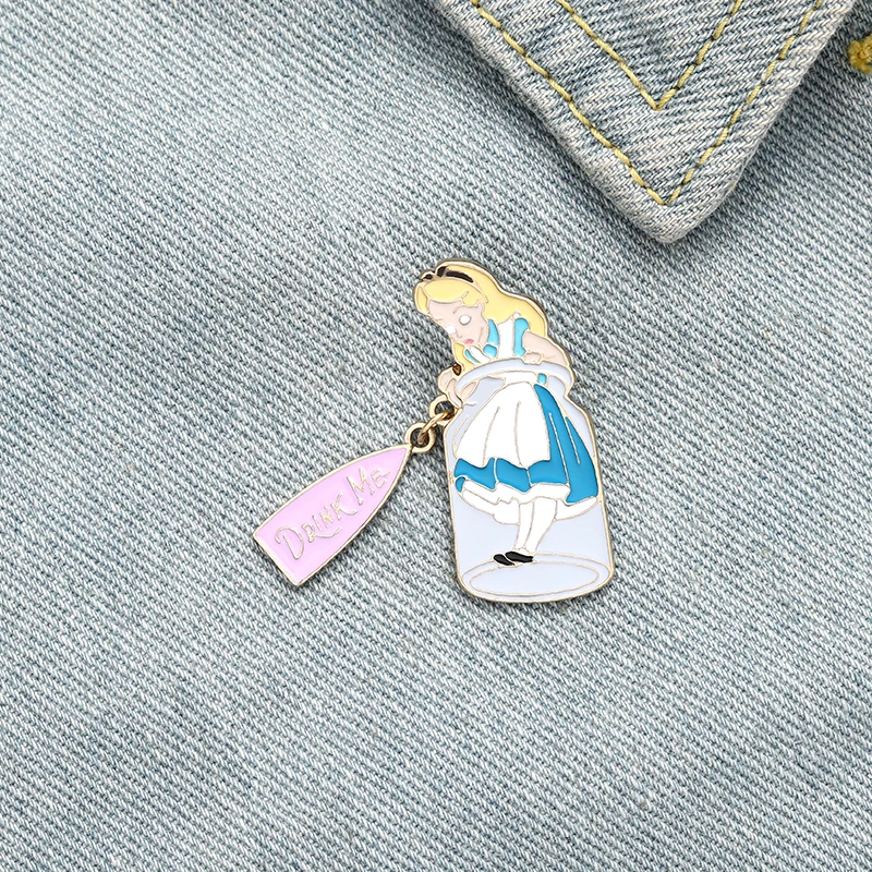 

Drink Me! Shrunken Alice Enamel Pins Fairy tale world Brooches Lapel Badges Fashion Pins Gifts for Friends Wholesale Jewelry
