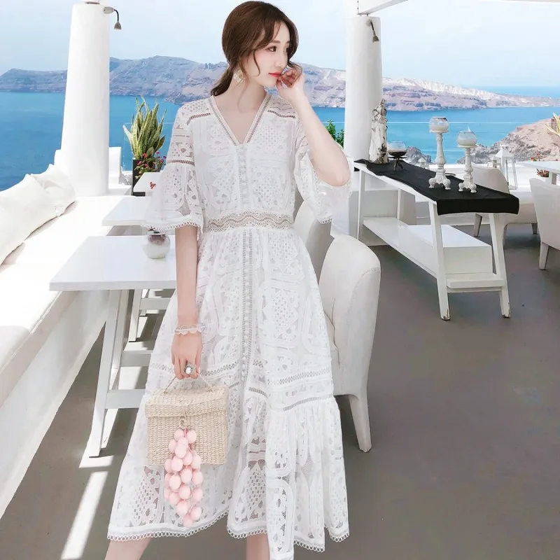 

2021 new white dress long maxi embroidery kaftans vyshyvanka women boho A-line flare sleeve