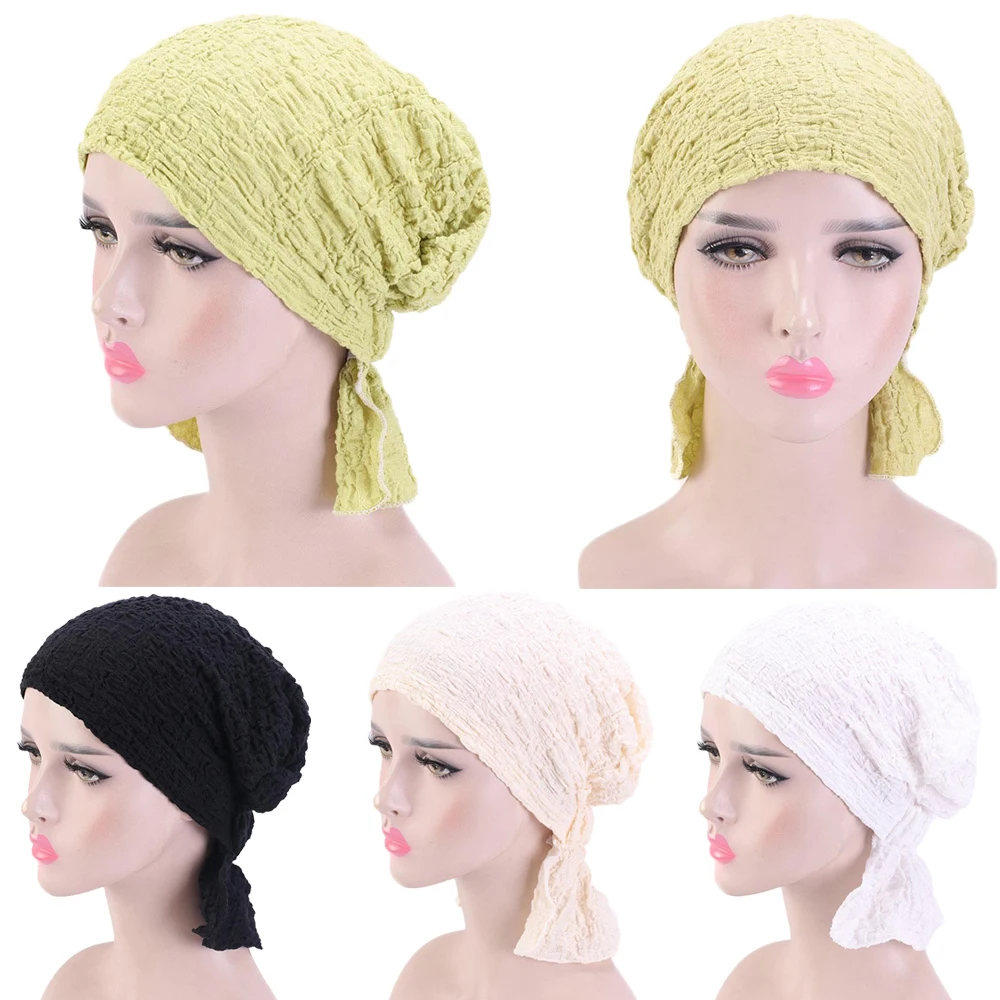 

2020 NEW Fashion Women Stretch Bonnet Muslim Ruffle Cancer Chemo Hat Beanie Scarf Turban Crinkle Head Wrap Cap Headwear Lady Hat