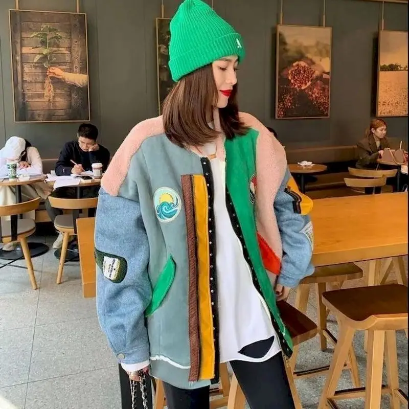

2021 New Fashion Women's Wear European Fashion Color Contrast Stitching Loose Casual BASEBALL JACKET MOTORCYCLE Winter Women Top