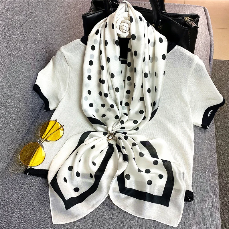 

90*90cm Square Women Silk Scarves Designer Autumn Spring Satin Female Dot Scarf Shawls Air Conditioner Fashion Accessories