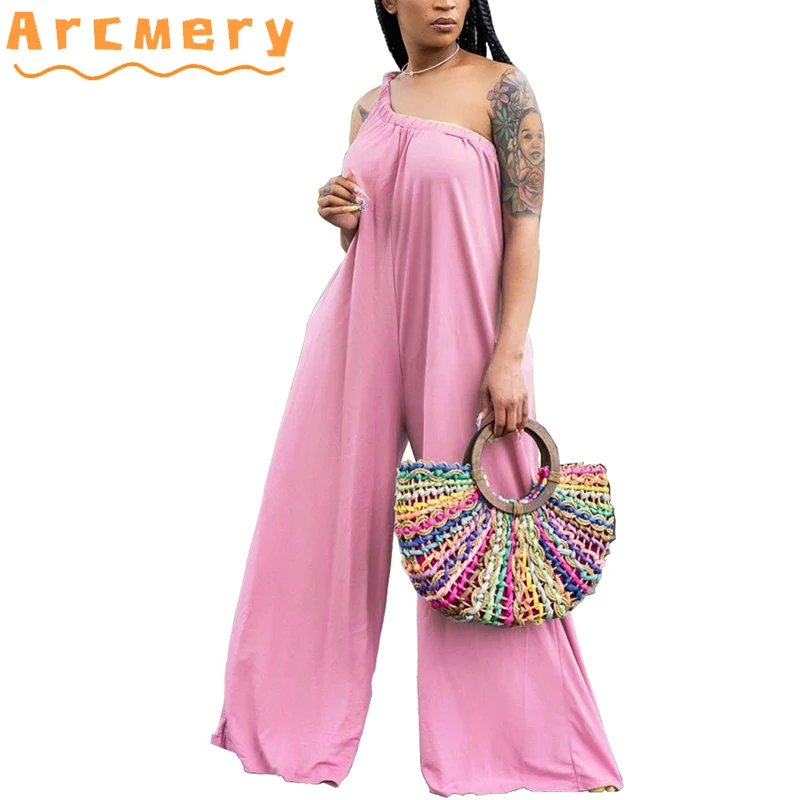 

Women Casual Plus Size One Shoulder Solid Wide Leg Jumpsuits