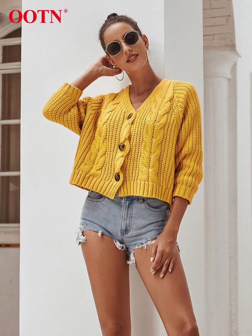 OOTN однобортный вязаный крючком пуговицы для кардигана короткий зимний женский свитер с длинным рукавом Повседневная Верхняя одежда свитер пальто