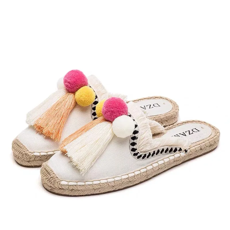 

Furry Slippers Women Rubber Hemp Colors Spring Summer Tassel Fluffy Ball Shoes Slides