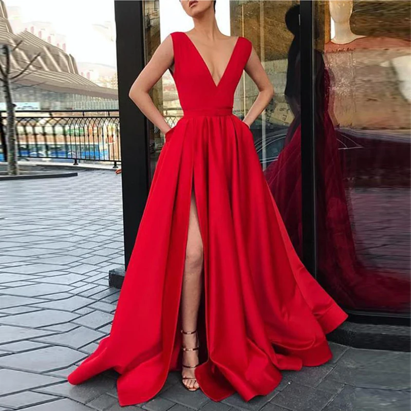 Платье для выпускного вечера, длинное, сексуальное, атласное, Vestido formatura размера плюс, платье для выпускного вечера с v-образным вырезом, с карманами, длинное платье для выпускного вечера, Vestidos De Festa