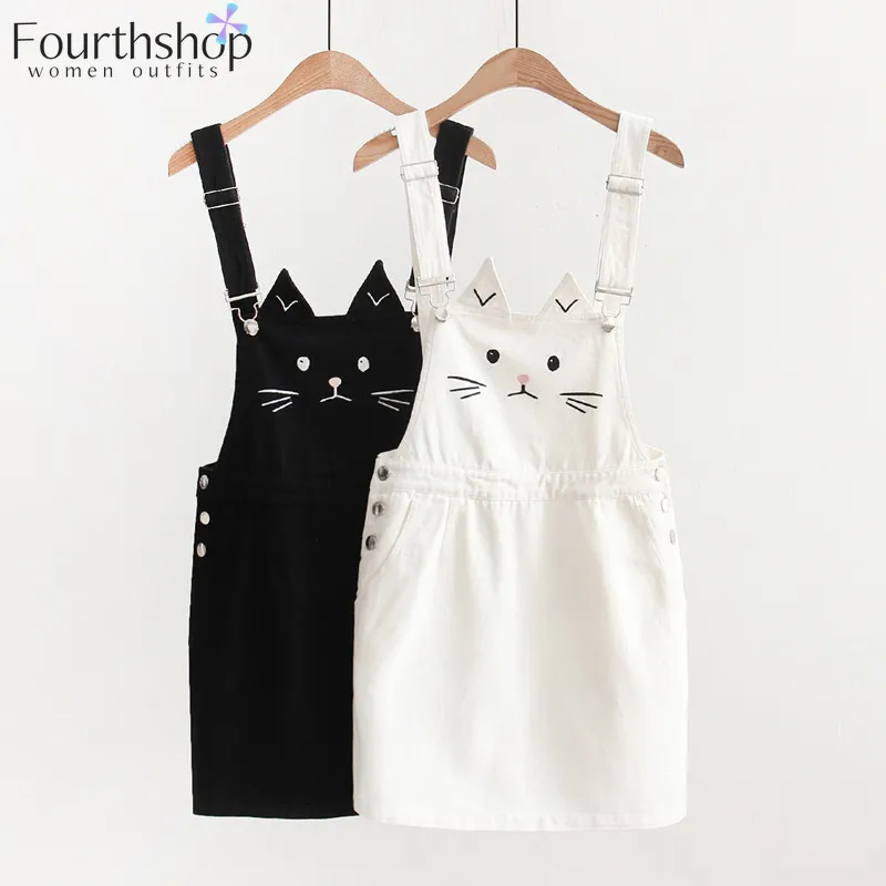 2021 Summer Suspender Denim Dress Women Strap Sundress Cartoon Kawaii Cute Cat Embroidery Japan Style Mori Girl Jeans Dresses | Женская