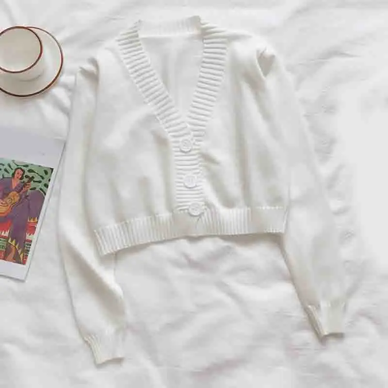 Женский укороченный вязаный кардиган короткий свитер в Корейском стиле с