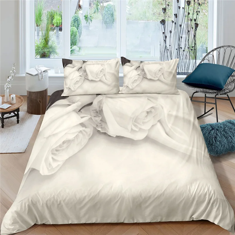 

Luxury 3D White Rose Flower Print 2/3Pcs Kids Bedding Set Comfortable Duvet Cover Pillowcase Home Textile Single/Queen/King Size
