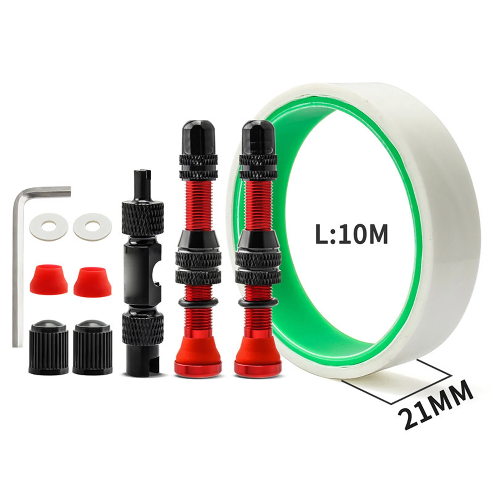 

2pcs Tubeless Valve Stem Kit Bike Tubeless Valve Stem Valve Core Remover Tool With Tubeless Tape Red Valve + Tool_tread Pad 21mm