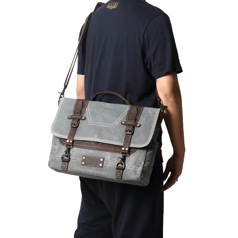 Retro canvas bag briefcase men's business bag leather large capacity messenger men's bag waterproof waxed leather saddle bag
