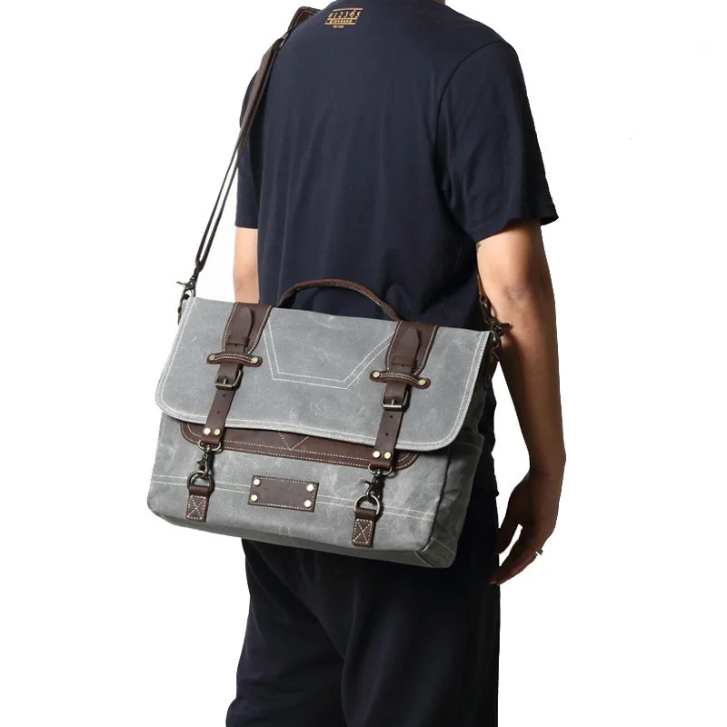 

Retro canvas bag briefcase men's business bag leather large capacity messenger men's bag waterproof waxed leather saddle bag