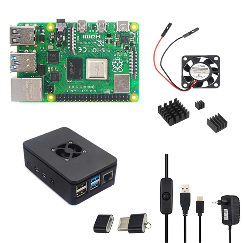 

Для Raspberry Pi 4 Model B 4 Гб ОЗУ + чехол + вентилятор + радиатор + адаптер питания-совместимый кабель для RPI 4B С европейской вилкой