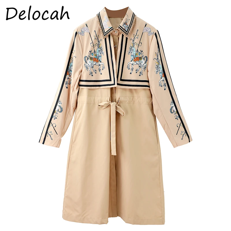 

Delocah Women Autumn Fashion DesignerTrench Coats Bow Ruffles Long Sleeve Vintage Printed Bodycon Ladies Long Coats Outerwear
