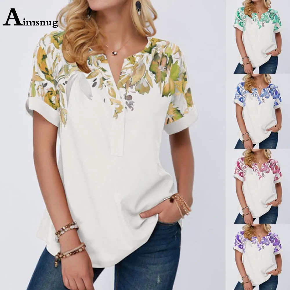

Plus Size 4xl 5xl Ladies Elegant Model Flower Print T-shirt Women's Top Bohemian 2021 Summer V-neck Tees Shirt Femme Clothing