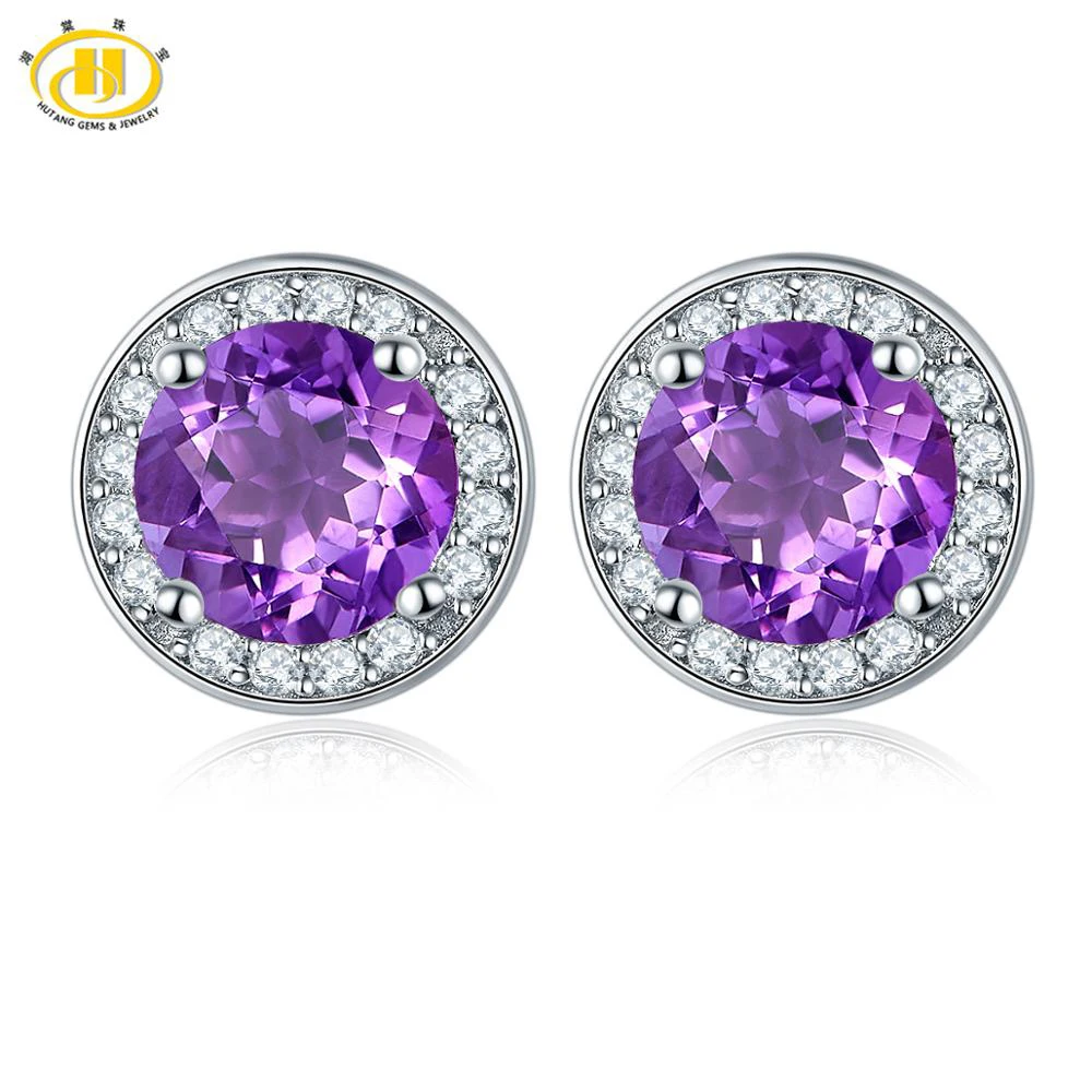 Amethyst Hutang круглые серьги сделаны с 1.88ct натуральный драгоценный камень Небесно голубой топаз Твердые 925 пробы серебряные ювелирные изделия для женщин подарок - Цвет камня: Amethyst
