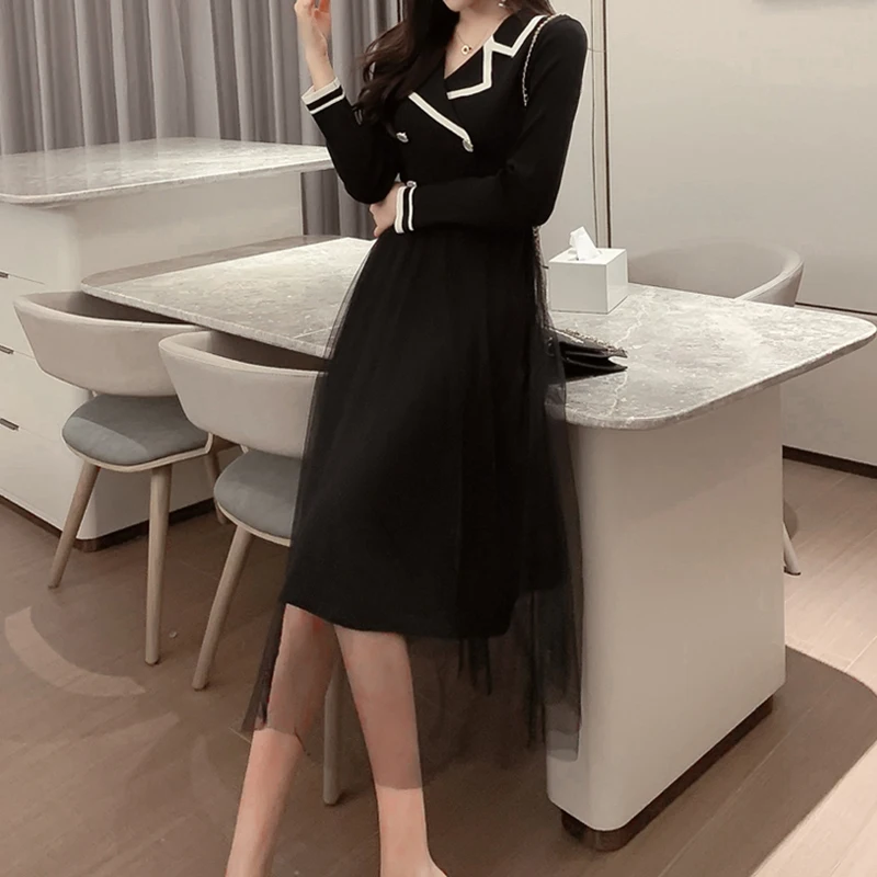 

Vintage Knitting Solid Dress Elegant Casual Ladies V-Neck Dress A-Line Female Long Sleeves High Waist Lace Knee-Length Dress