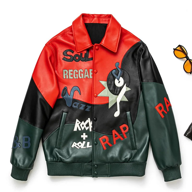 

autumn and winter new leather jacket men's sheepskin soft leather jacket printed tide brand rock men's jacket