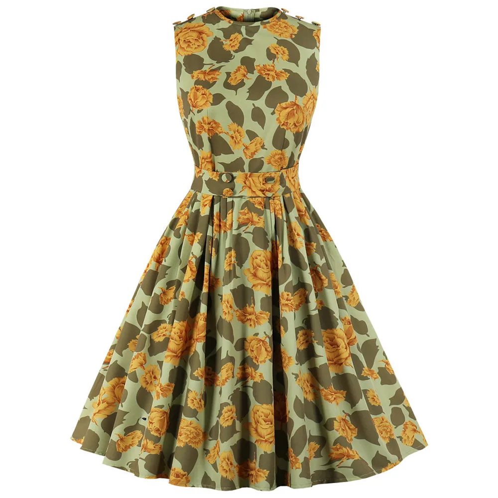 

2021 Elegant Women Rockabilly Vintage 50s 60s Women Pin Up Dress Sleeveless Floral Printed Button Waist One-Piece Casual Dresses