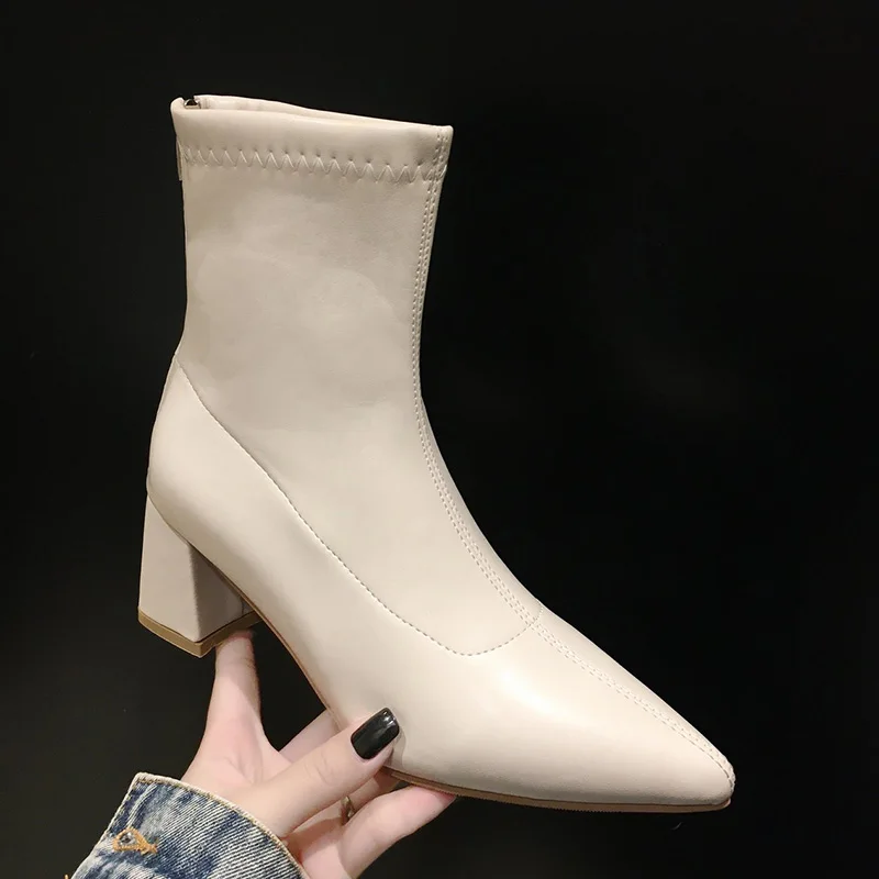 

Women Boots High Heels Female Shoes Boots-Women Luxury Designer Round Toe Winter Footwear Stiletto Ladies Mid-Calf 2021 White R