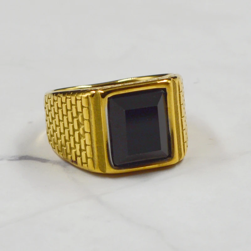 Stylish Signet Rings for Men, Male Pinky Ring with Black Square Stone,Gold Tone Stainless Steel Metal Jewelry US Size
