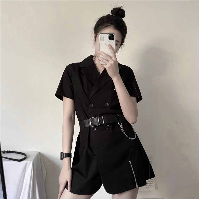 

Japanese Harajuku Women Black Mini Dress Gothic Punk Style Notched Streetwear A-Line Dress Classical Lady Sailor Dress With Belt