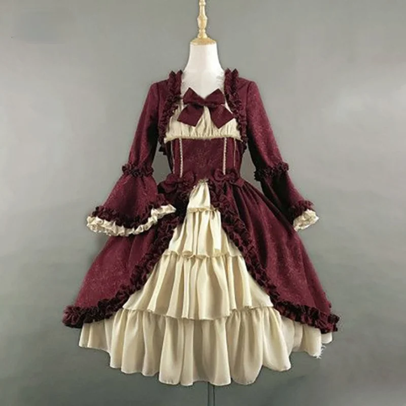 

2021 new Vintage Palace Lolita Dress Women Sweet Princess Square Collar Lace Bowknot High Waist Long Victorian Gothic Dress Girl