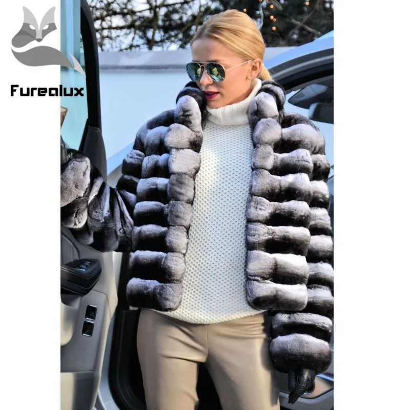55cm stand collar Модные стильные шубы из натурального меха шиншиллы и кролика Рекс, длинные шубы для женщин, теплые толстые меховые куртки и пальто с отложным воротником - Цвет: 55cm stand collar