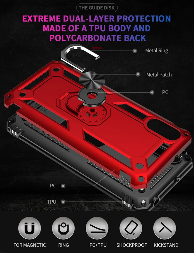 For Xiaomi Redmi 9 9A 9AT 9C 9T 10 10A 10C Shockproof Armor Phone Case for Redmi 9 Power 10 Prime Ring Stand Bumper Back Cover
