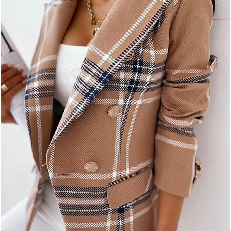 

Mandylandy Long Sleeve Causal Double Breasted Suit Jacket Outwear Autumn Plaid Lapel Blazers Women Slim Fits Business Jackets