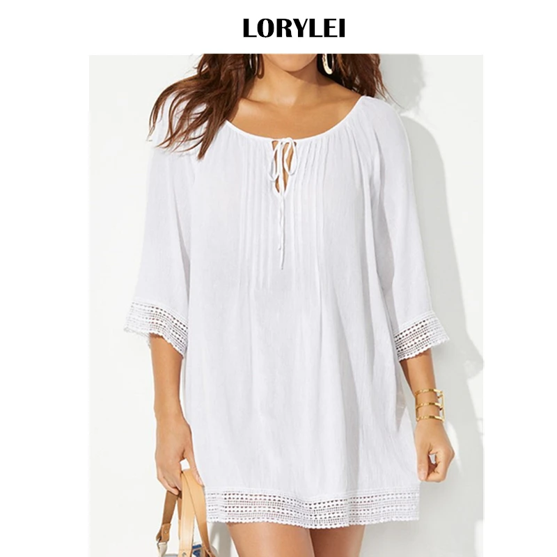 2020 бикини накидка простая на шнуровке круглый вырез летнее пляжное платье белая