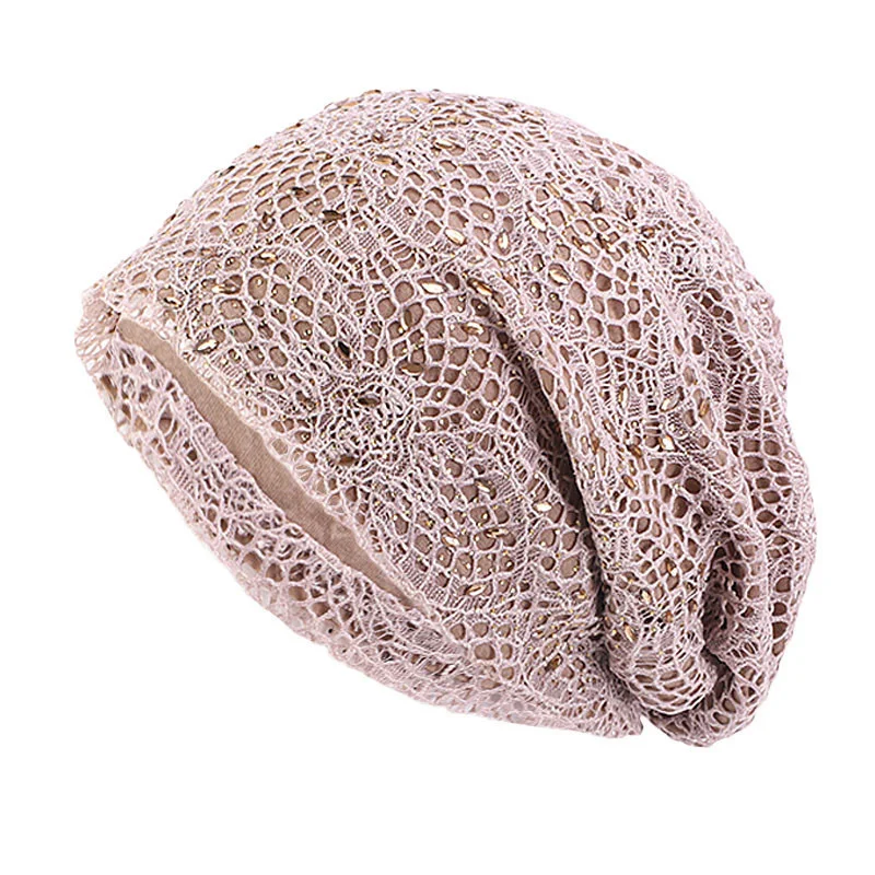 

Winter Turban For Muslim Women Cotton Lace Double Layer Beanie Hat Crystal Bling Snap Slouch Skullies Arab Head Wrap Hijab Hat