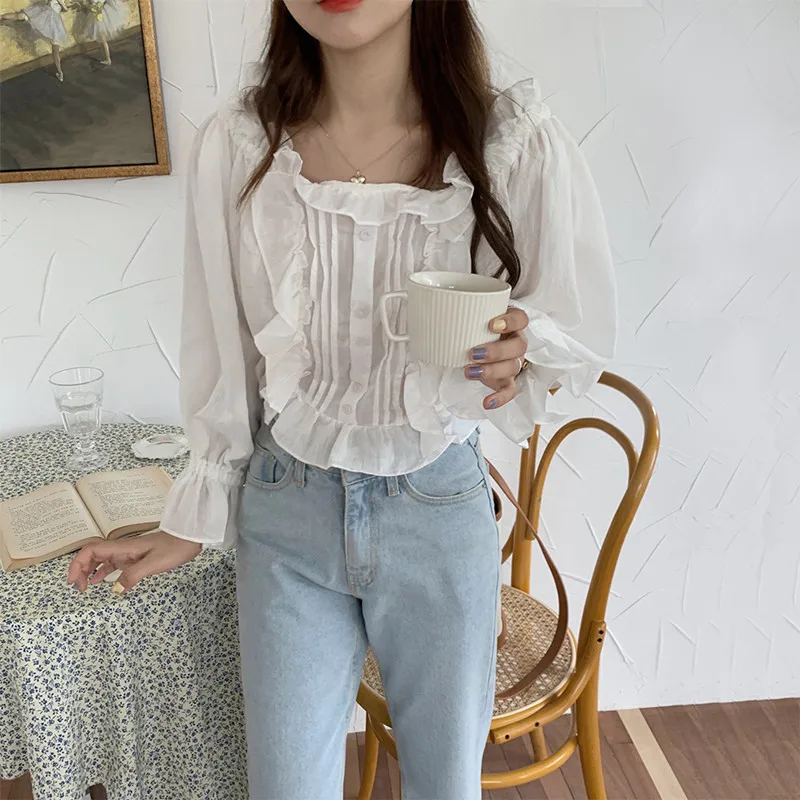 

Alien Kitty French Pleated Ruffled Women One Line Collar Flared Sleeve Shirts 2020 Gentle Sweet Versatile Chic Fashion Blouses