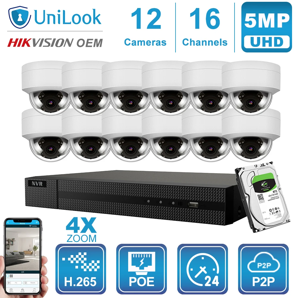 UniLook 16CH NVR 8/10/12/16Pcs 5MP Dome POE IP Camera 4X Zoom Hikvision OEM H.265 Outdoor CCTV NVR Kits Night Vision With HDD
