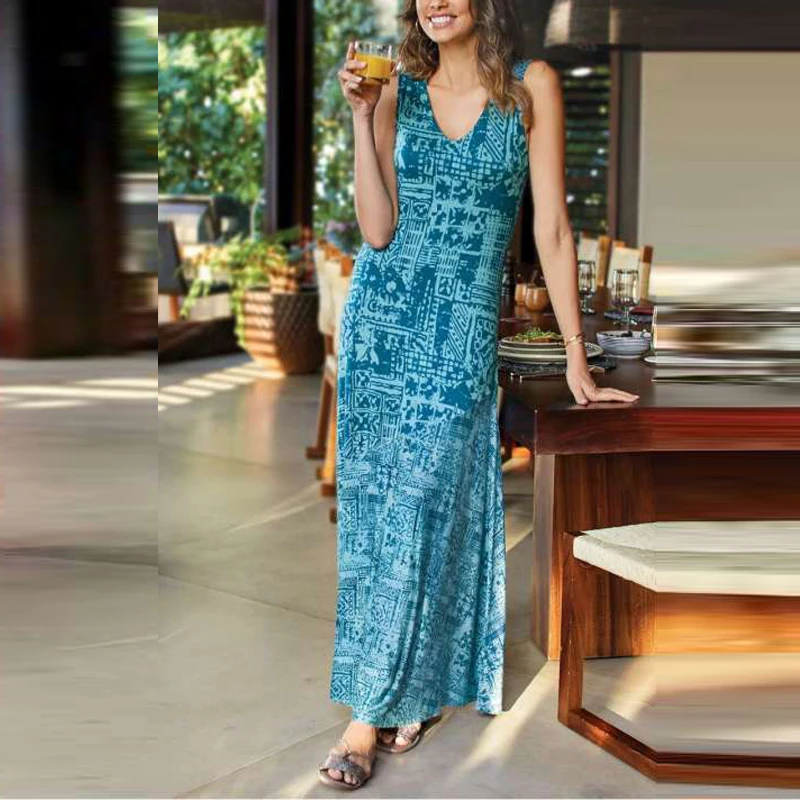 

Vintage Women Sleeveless A Line Dresses Elegant Ladies New Summer Casual Vacation Midi Dress Bohemia Sexy V Neck Print Dress