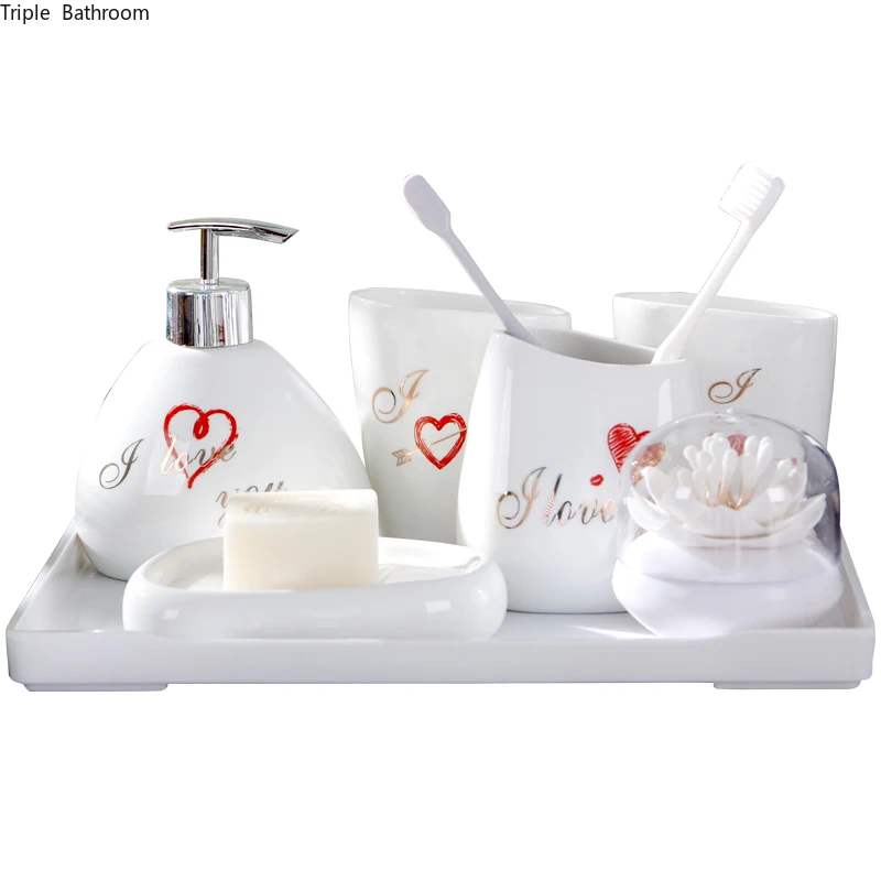 

Heart Print Ceramic Liquid Soap Dispenser Gargle Cup Toothbrush Holder Soap Dish with Pvc Cotton Swab Box Bath Accessories Set