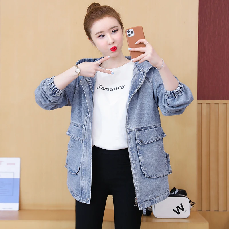 Женская джинсовая куртка с капюшоном и длинным рукавом больших размеров модная