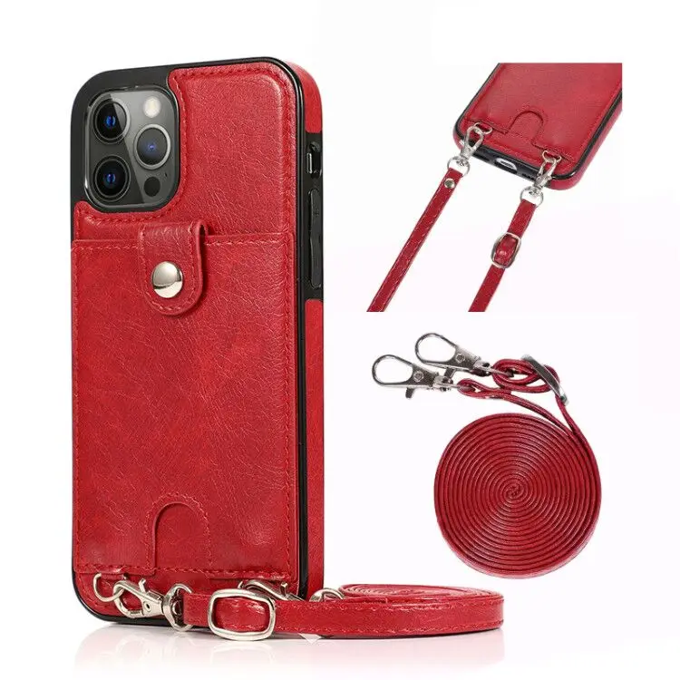 

PU Leather Card Slot Lanyard Crossbody Wallet Phone Case For iPhone 13 12 11 Pro Max 12 Mini X XR XS Max 7 Shoulder Strap Cover