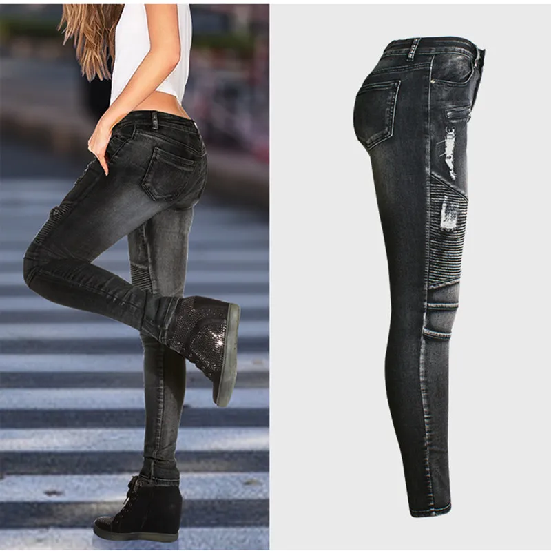 Новое поступление 2020 черные мотоциклетные байкерские джинсы с молнией женские