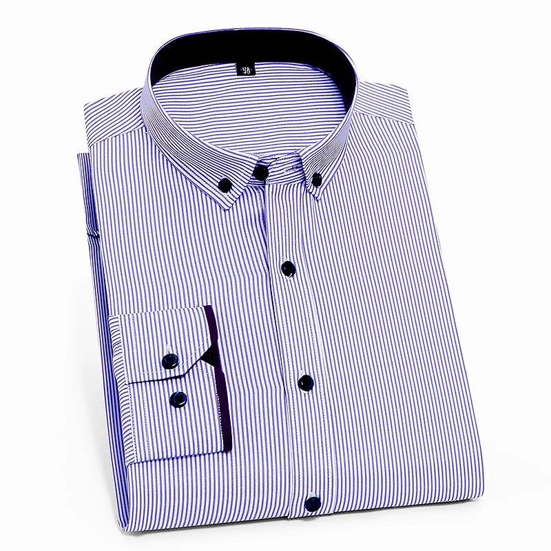 

Non-Iron Mens Striped Shirts Long Sleeve Stand Collar Business Men Casual Shirt Slim Fit Vogue Male Office Clothing Easy Care