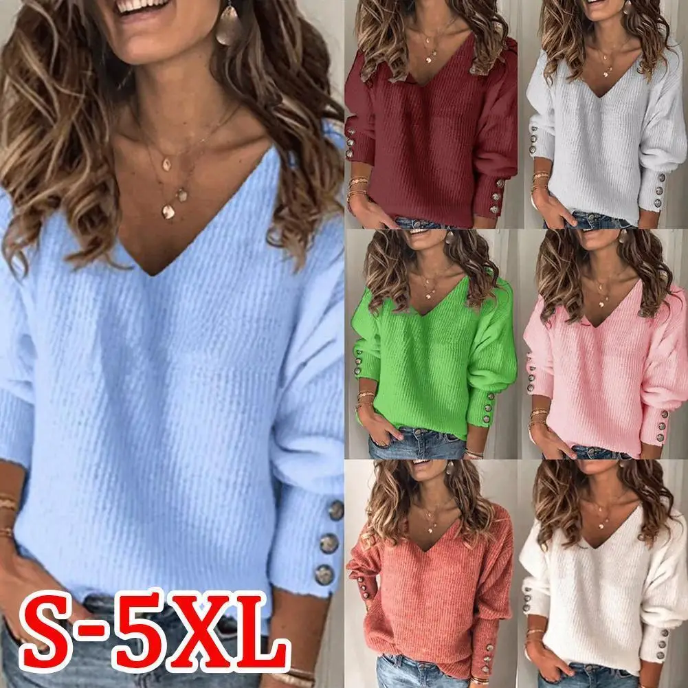 

Autumn Winter Fashion V-Neck Women Knitting Sweater Sleeve Wear Elegant Daily Jumper Casual Loose Sweater Pullover Ladies L M0Y4