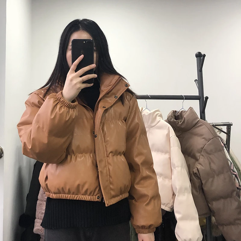 

Winter Thick Warm Short Parkas Women Fashion Black Leather Coats Women Elegant Zipper Cotton Jackets Female Ladies coats