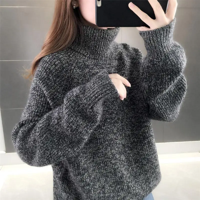 

High Neck Sweater Women Autumn And Winter With Black Knitted Bottom New Fashion Leisure And Loose Lady Sweater