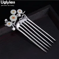 Uglyless Elegant Asian Wind 925 Silver Hair Forks for Women Natural Pearls Jade Flowers Hair Decorations Asian Beauty Hair Stick