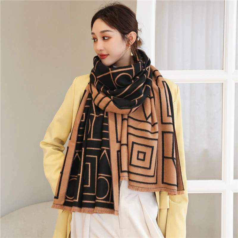 

Новый Зимний кашемировый теплый шарф с кисточками, Женский двусторонний толстый шарф из пашмины с принтом, покрывало, накидка, Женский хидж...