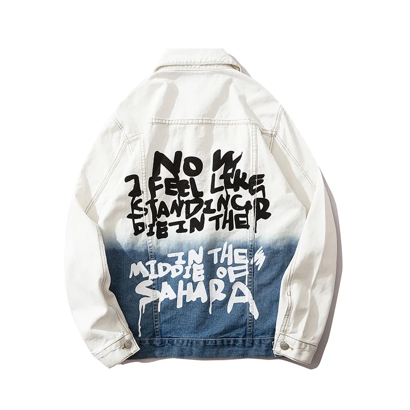 

Gradient Letter Color Block Jeans Jacket Men Japanese Retro Loose Lapel Streetwer Denim Jacket Hip Hop Men's Bomber Jacket